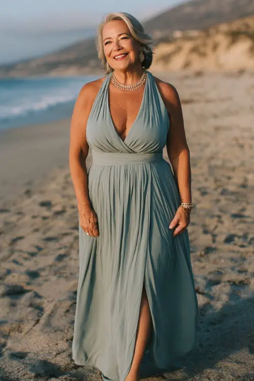 A plus-size woman over 50 wears a flowing maxi dress in muted teal with gentle pleating, paired with heeled sandals and refined jewelry