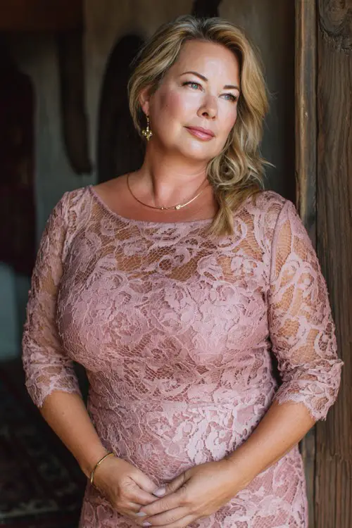 A plus-size woman over 50 wears a lace-overlay midi dress in dusty rose with three-quarter sleeves, styled with heels and delicate jewelry