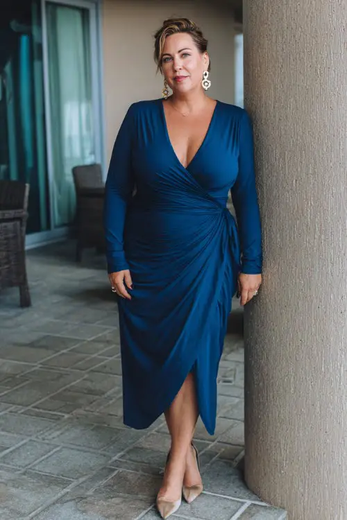 A plus-size woman over 50 wears a long-sleeve crepe dress in deep blue with subtle draping, paired with pointed-toe heels and statement earrings