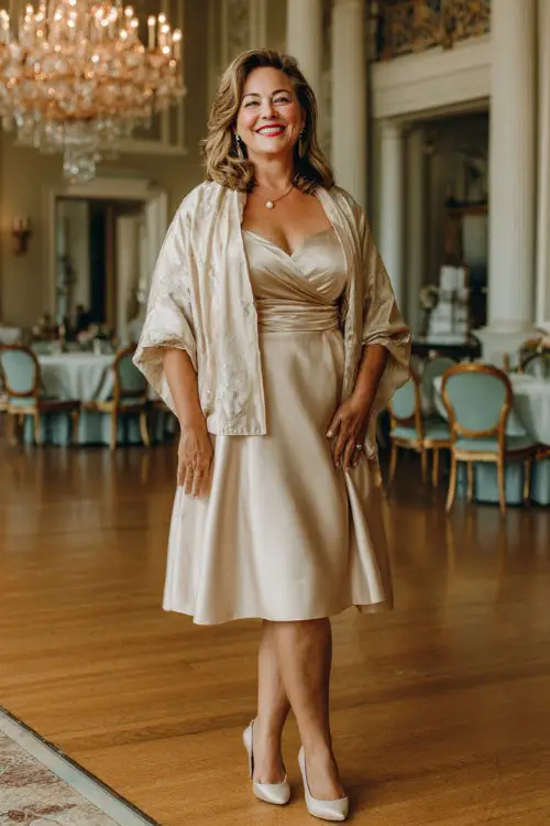 A plus-size woman over 50 wears a tea-length satin dress in soft champagne, paired with elegant pumps and a wrap shawl