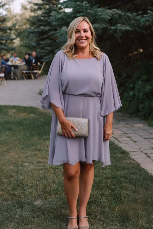 A plus-size woman over 50 wears an A-line chiffon dress in soft lavender with flutter sleeves, styled with comfortable low heels and a clutch