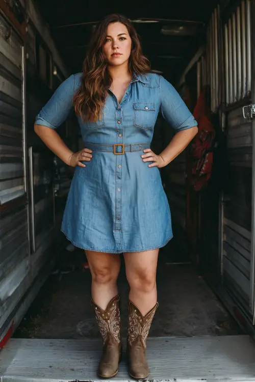 A plus-size woman wears a belted denim dress with snap buttons and floral-stitched cowgirl boots, standing next to a horse trailer,