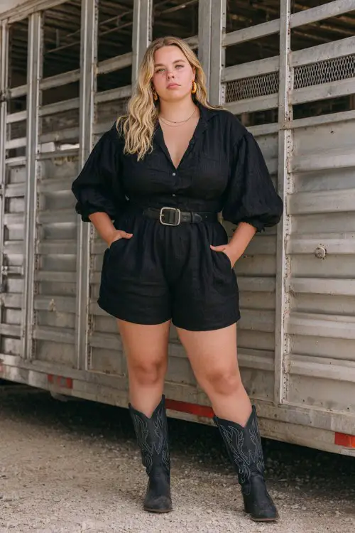 A plus-size woman wears a black belted romper with puff sleeves and pointed black cowboy boots, paired with hoop earrings
