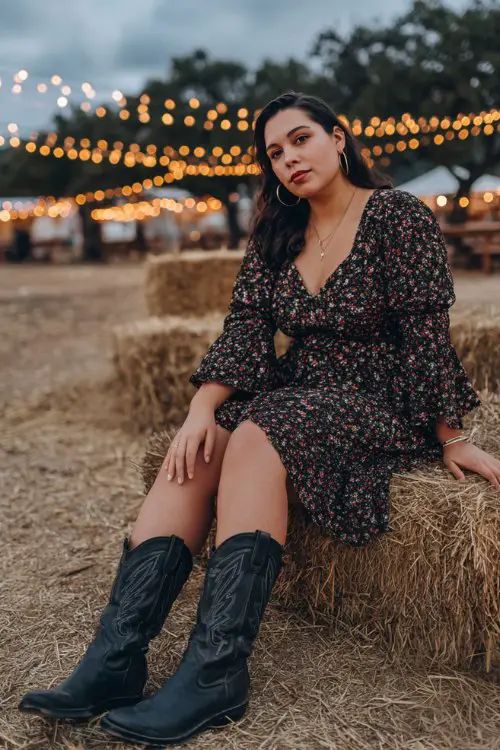 A plus-size woman wears a black floral-print midi dress with flutter sleeves and black leather cowboy boots