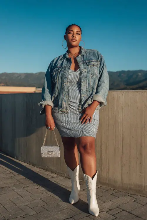 A plus-size woman wears a bodycon midi dress with white cowboy boots, layered with an oversized denim jacket and sleek mini bag