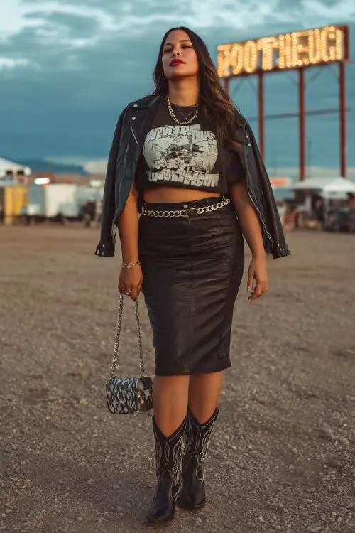 A plus-size woman wears a fitted midi skirt with black cowboy boots, paired with a cropped graphic tee and leather jacket, finished with a chain belt and mini shoulder bag
