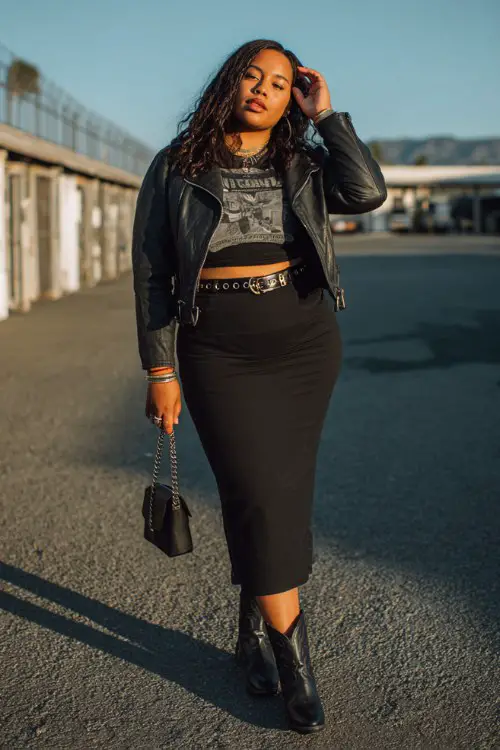 A plus-size woman wears a fitted midi skirt with black cowboy boots, paired with a cropped graphic tee and leather jacket, finished with a chain belt and mini shoulder bag