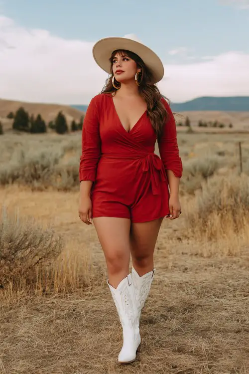 A plus size woman wears a fitted red wrap romper with gold hoop earrings and a wide-brim hat, styled with white cowgirl boots