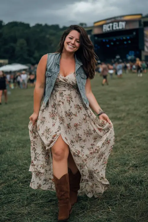 A plus-size woman wears a flowy floral maxi dress with a side slit and denim vest, styled with brown suede ankle boots