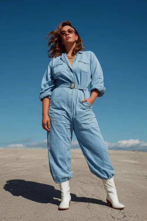 A plus-size woman wears a light-wash denim jumpsuit with a belted waist and rolled sleeves, styled with white cowboy boots