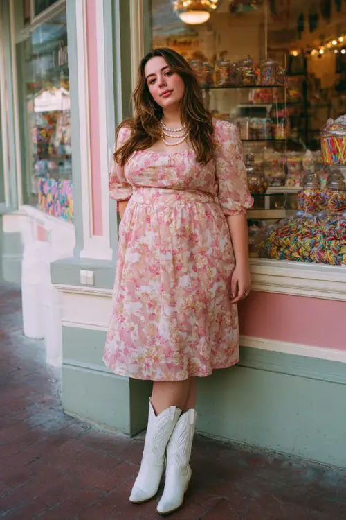 A plus-size woman wears a romantic pink floral midi dress with sheer sleeves, white cowboy boots, and pearl accessories