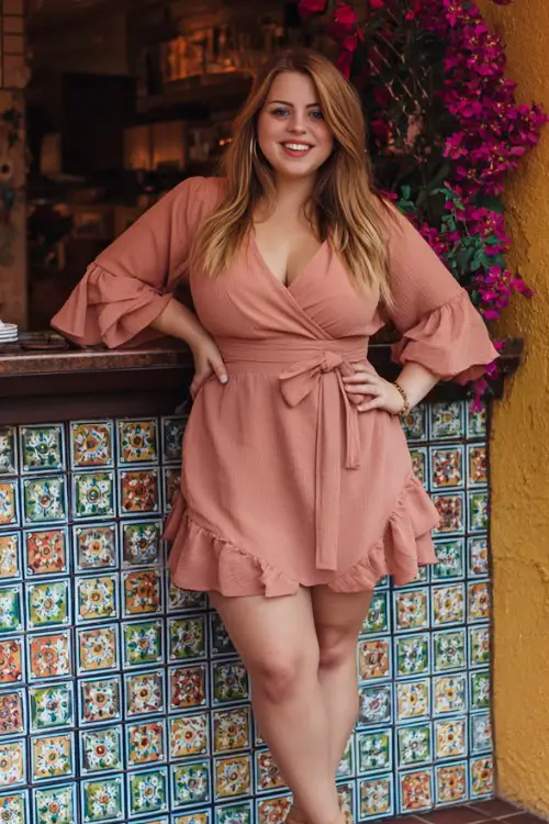 A plus-size woman wears a ruffled wrap mini dress in dusty rose with balloon sleeves and ankle-tie sandals