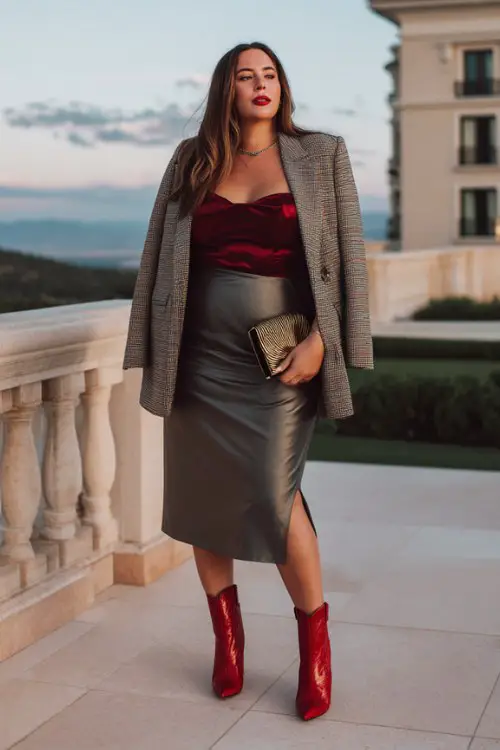 A plus-size woman wears a sleek midi skirt with red cowboy boots, a structured bustier top and oversized blazer draped over the shoulders, finished with a statement clutch (2)
