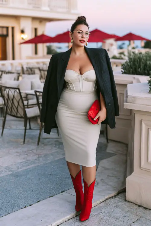 A plus-size woman wears a sleek midi skirt with red cowboy boots, a structured bustier top and oversized blazer draped over the shoulders