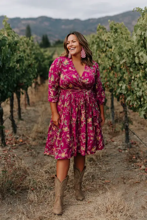 A plus-size woman wears a vibrant magenta floral midi dress with bold prints and movement, paired with suede cowboy boots and statement earrings