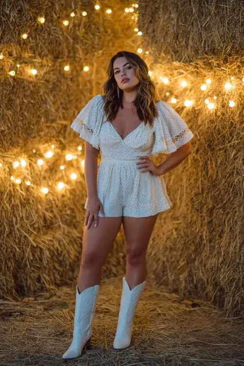 A plus-size woman wears a white eyelet romper with dramatic flutter sleeves and wide white cowboy boots