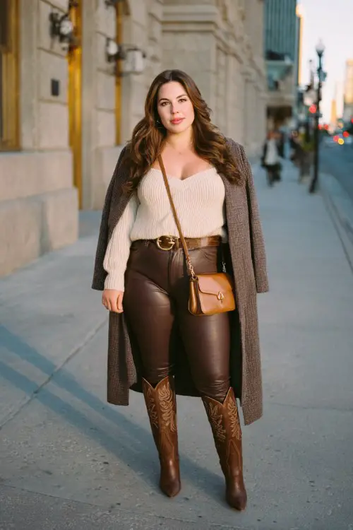 A plus-size woman wears chocolate brown cowboy boots with faux-leather leggings, an off-shoulder sweater and tailored long coat