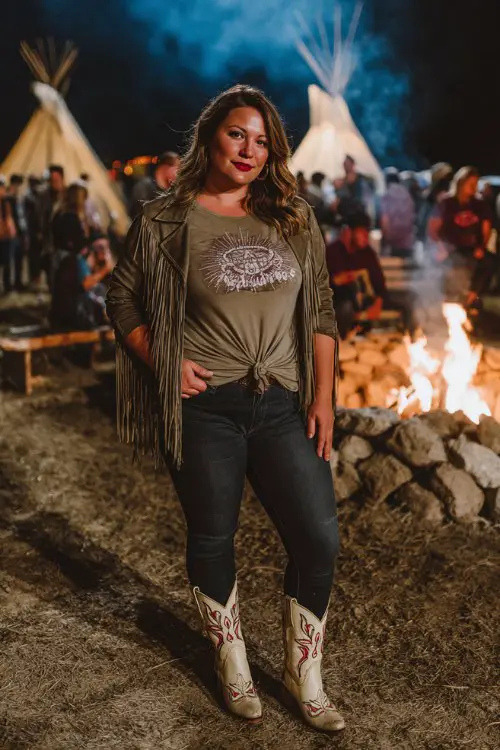 A plus-size woman wears dark skinny jeans with a tied-up graphic tee and a fringed leather jacket, styled with embroidered cowboy boots