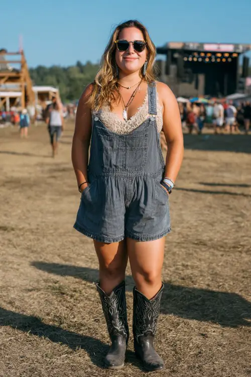 A plus-size woman wears denim overalls with a lace-trimmed tank top underneath and tall black cowboy boots