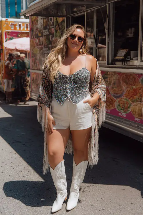 A plus-size woman wears high-waisted shorts with a rhinestone-studded corset top and a sheer fringe kimono, styled with white cowboy boots