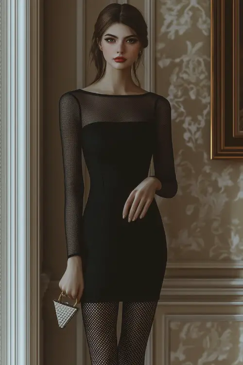 A stylish woman in a fitted little black dress with sheer polka-dot tights, paired with pointed-toe pumps and a pearl clutch,