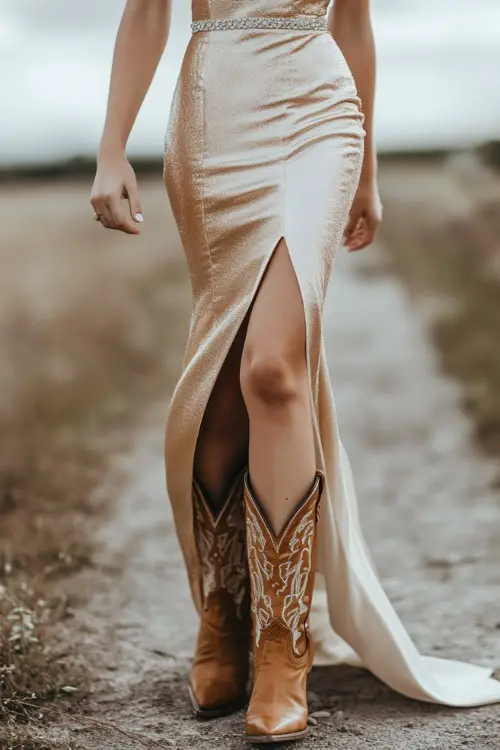 A wedding guest wearing an elegant satin maxi dress with a slit, tan cowboy boots, and pearl earrings in the country wedding background