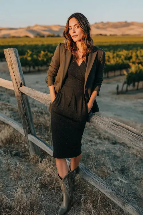 A woman in a black mock-neck midi dress with subtle shimmer, styled with bone-toned cowboy boots and a structured dark olive blaze