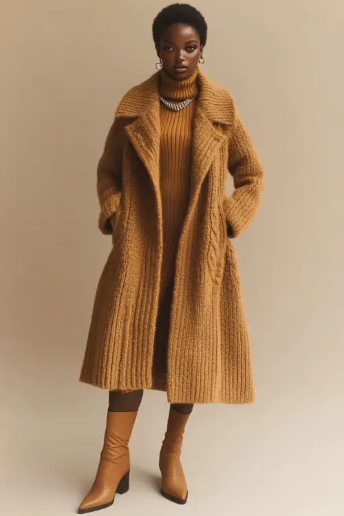 A woman in a turtleneck sweater dress with an oversized wool coat, complemented by heeled boots and subtle jewelry