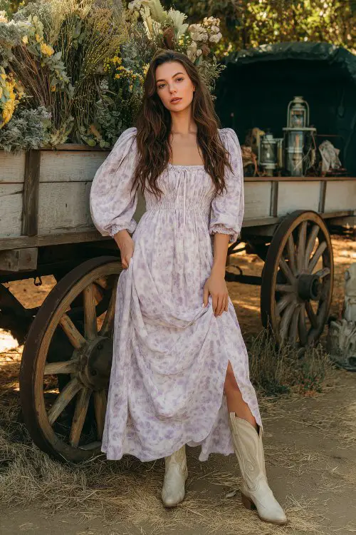A woman in a white and lilac floral maxi dress with a cinched waist and dramatic sleeves, styled with distressed beige cowboy boots