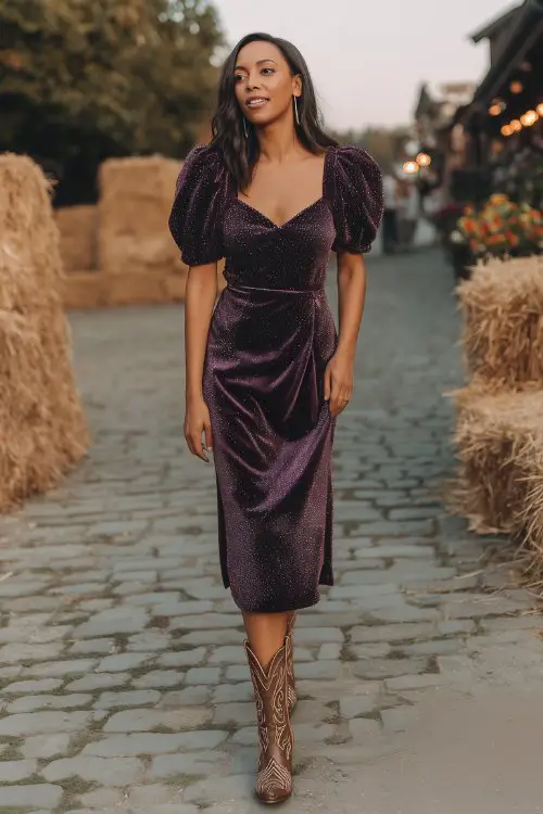A woman over 30 in a plum velvet and sequin paneled midi dress with puff sleeves and a cinched waist, styled with distressed brown cowboy boots