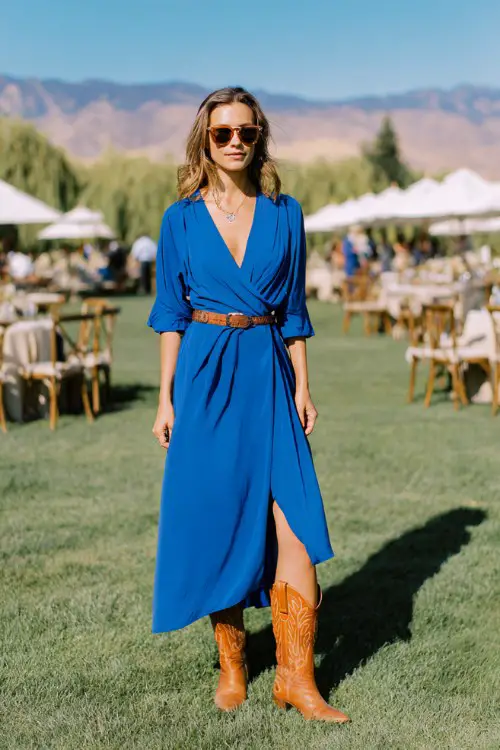 A woman over 30 wears a bold cobalt blue wrap midi dress with a flowing silhouette, styled with tan cowboy boots and a statement belt