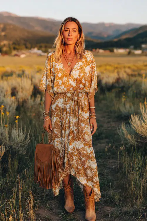 A woman over 30 wears a breezy floral wrap dress styled with tan cowboy boots, suede fringe bag, and delicate bracelets