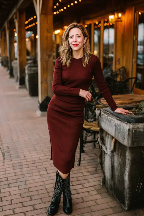 A woman over 30 wears a fitted long-sleeve burgundy dress with sleek black cowboy boots