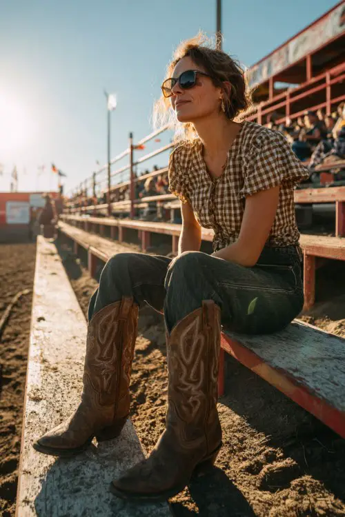 A woman over 30 wears a knotted gingham top with flared jeans and chocolate brown cowgirl boots