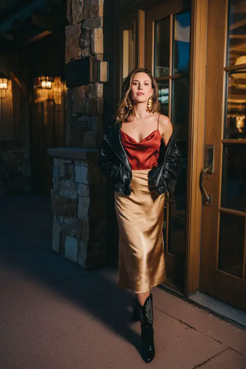 A woman over 30 wears a satin slip dress styled with polished black cowboy boots, layered with a cropped moto jacket and bold earrings