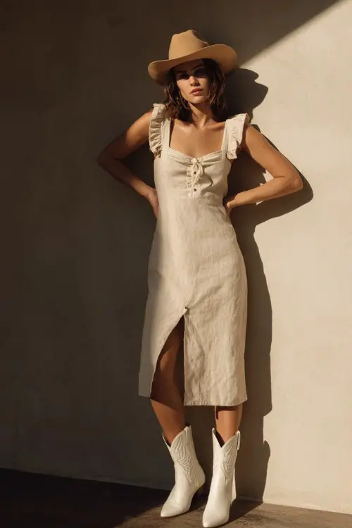 A woman over 30 wears a soft beige linen midi dress with a front slit and ruffle straps, styled with white cowboy boots and a tan felt hat