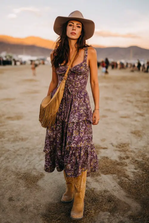 A woman over 30 wears a tiered floral dress with tan cowboy boots, a wide-brim hat, and a fringe bag