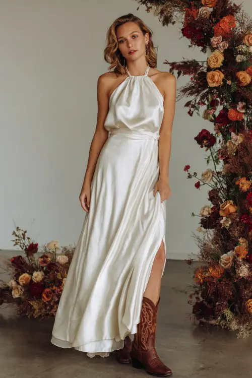 A woman over 30 wears an ivory satin halter gown with a flowing skirt and brown vintage-style cowboy boots
