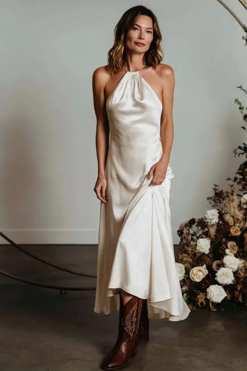 A woman over 30 wears an ivory satin halter gown with a flowing skirt and brown vintage-style cowboy boots