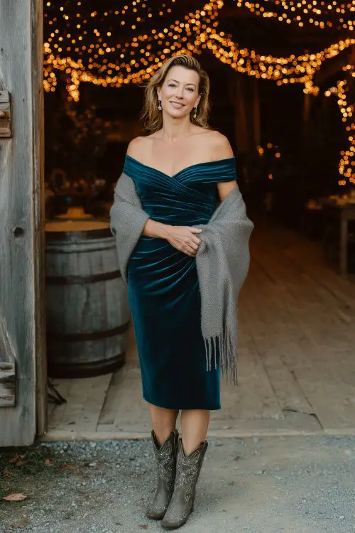 A woman over 40 in a dark teal velvet midi dress with a ruched bodice and off-the-shoulder neckline, styled with embellished cowboy boots and a gray cashmere shawl