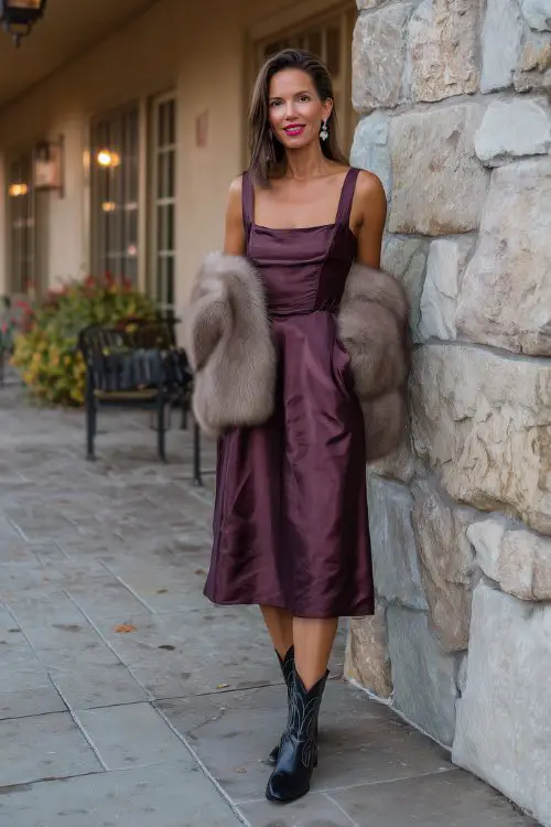 A woman over 40 in a deep plum satin midi dress with a square neckline