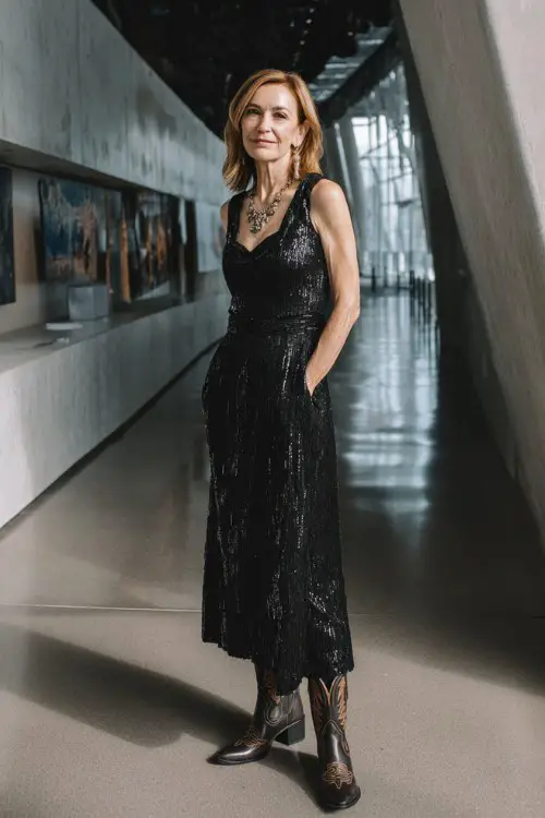 A woman over 40 wears a black sequin gown with subtle shoulder detail and dark stitched cowboy boots