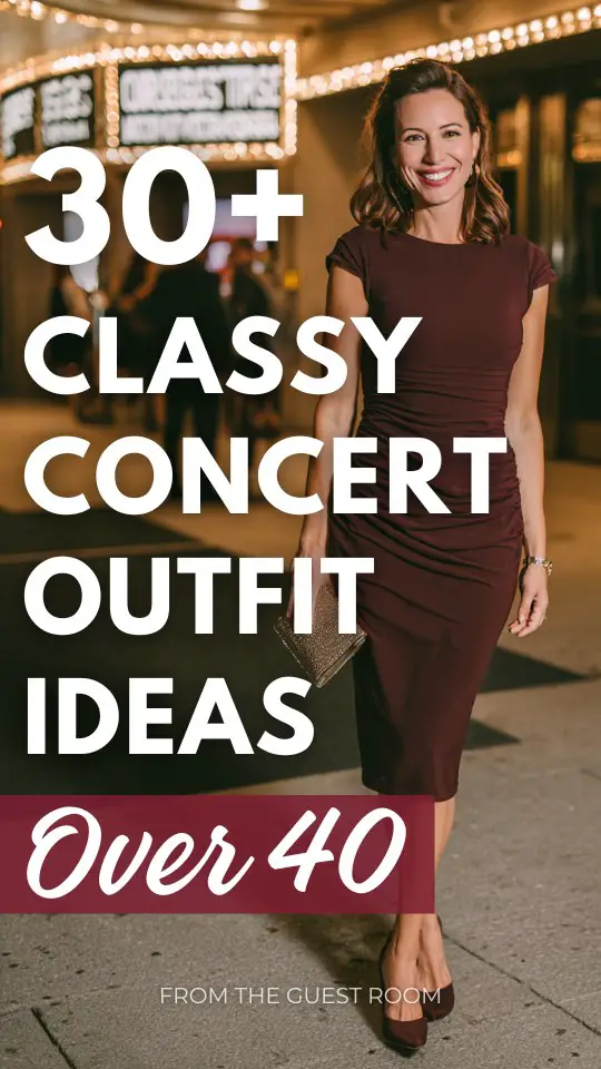 A woman over 40 wears a classy concert outfit with a fitted midi dress in rich burgundy with subtle draping, paired with classic pumps and a structured clutch