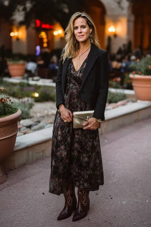 A woman over 40 wears a dark floral maxi dress styled with polished cowboy boots, structured blazer, and elegant clutch