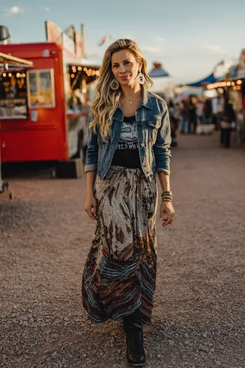 A woman over 40 wears a flowy maxi skirt with a tucked-in graphic tee and black cowboy boots, paired with a denim jacket and statement earrings