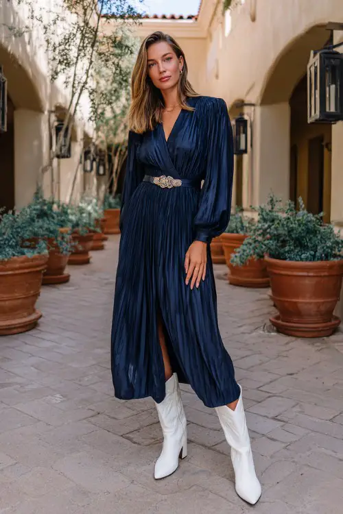 A woman over 40 wears a navy pleated gown with a cinched belt and crisp white cowboy boots