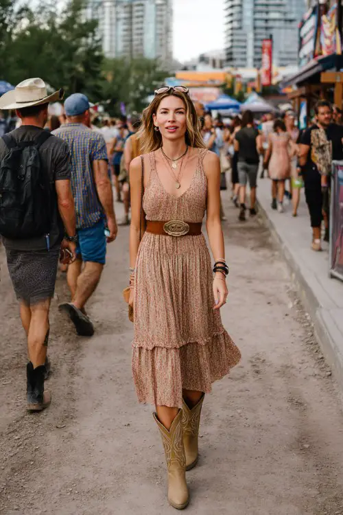 A woman over 40 wears a sleeveless tiered dress with a defined waist and neutral cowboy boots, paired with a leather belt and delicate jewelry