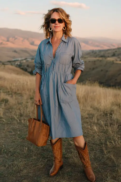 A woman over 40 wears a soft chambray dress with rolled sleeves and classic brown cowboy boots, styled with a structured tote and subtle gold hoops