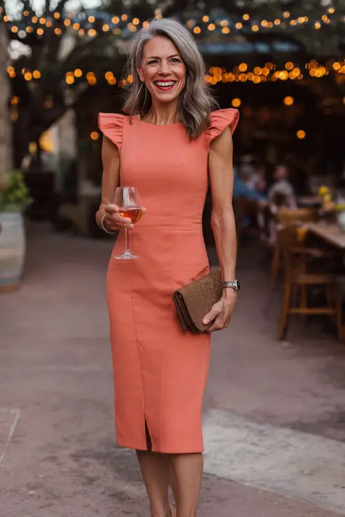 A woman over 40 wears a structured coral midi dress with pleated shoulders and a front slit, paired with sculptural heels and a leather clutch