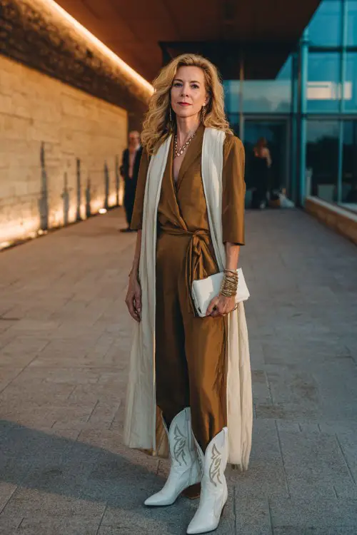 A woman over 40 wears a tailored jumpsuit styled with white cowboy boots, layered with a long statement coat and elegant clutch, posed outside a modern gallery event